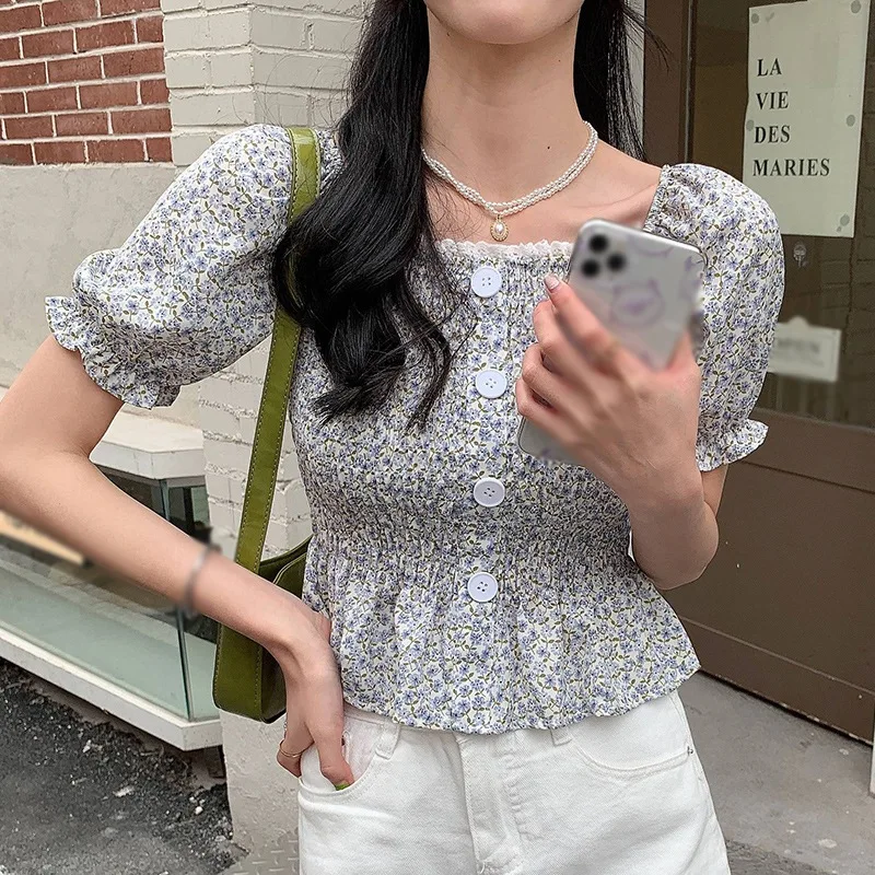 

Women Floral Print Square Collar Blouses Sweet Chiffon Blouse Short Sleeve Shirts Lace Sexy Tops
