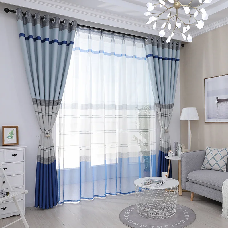 Modern Minimalist Mediterranean Blue Stripes Full Shading Curtains for Living Dining Room Bedroom. | Дом и сад