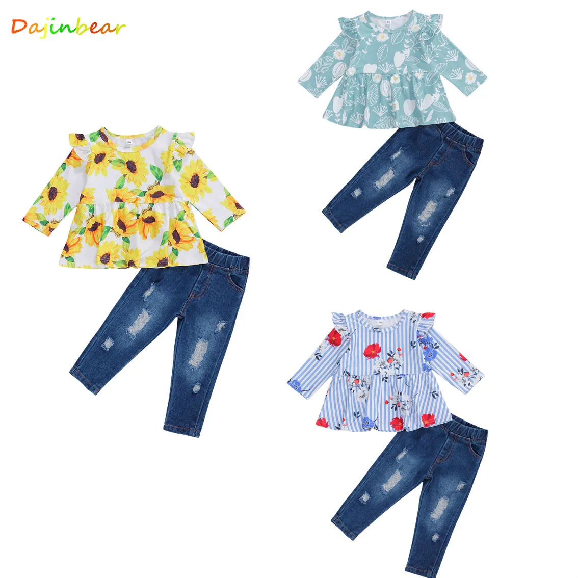 Футболка с оборками и длинным рукавом + рваные джинсовые брюки | Детская одежда