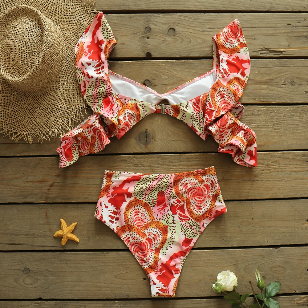 

Women Bikini Set 2021 New Sexy Print Ruffle Swimwear High Waist Swimsuit Push Up Bathing Suit Beachwear Biquini Female