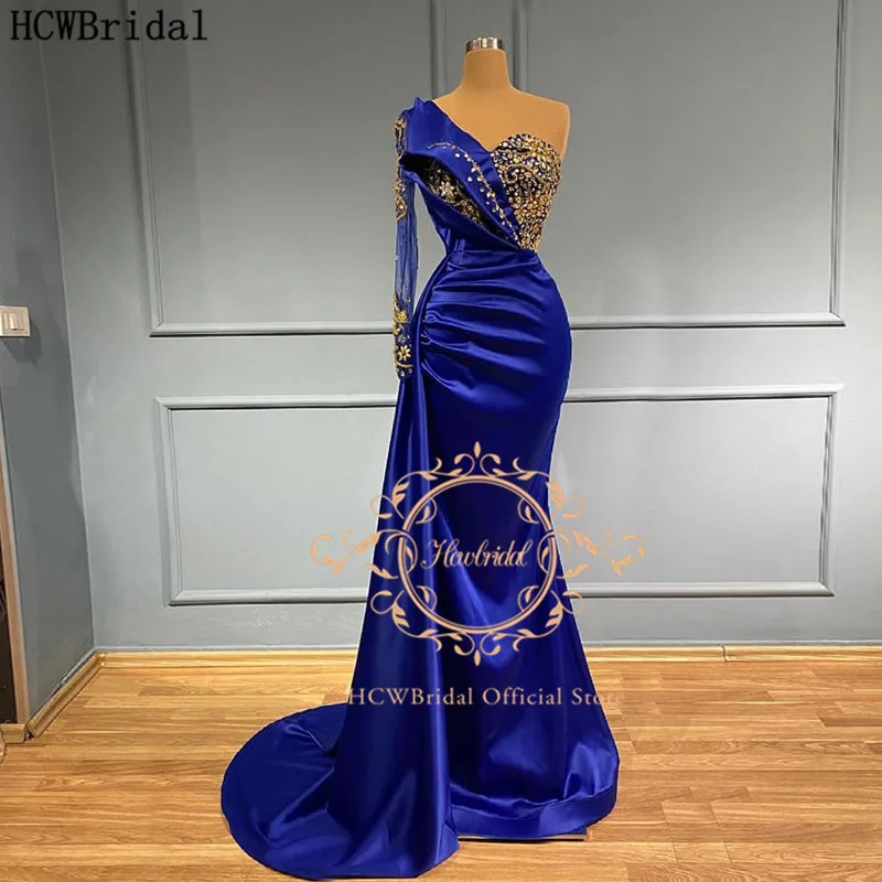 Royal Blue Mermaid Long Sleeve Evening Formal Dress One Shoulder Gold Rhinestones Elegant Women Special Occasion Party Gowns