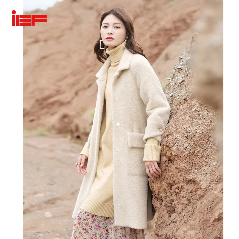 IEF зимнее шерстяное пальто для женщин средней длины Стильная однотонная тонкая