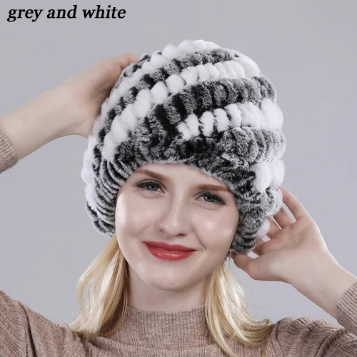 grey white Зимняя женская шапка из меха кролика рекс Леди Мода Настоящий Кролик+ Лисий мех шапочки эластичные теплые модные женские брендовые головные уборы - Цвет: grey white