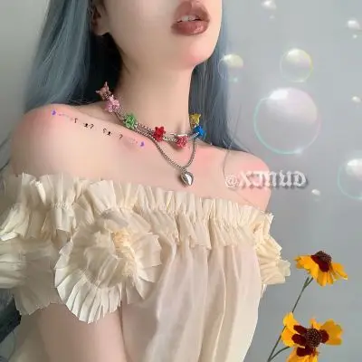 HZ Korean 2019 New Colorful Flower Clip Multi-layer Heart Pendant Chain Metal Line Lock Necklace for Women Jewelry | Украшения и