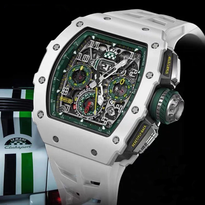

Luxury Brand New Men Watch RM 1103 LE White Ceramic Flying Back Threedimensional Hollow Calendar Sport Ceramica TPT Watches