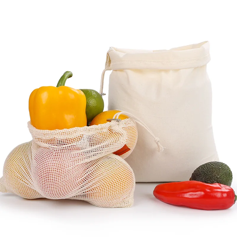 Многоразовые хлопковые продуктовые сумки на шнурке для овощей фруктов риса