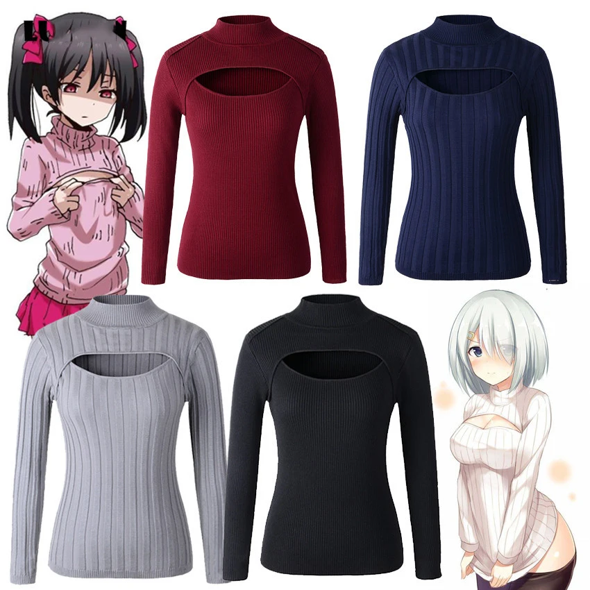 

Drop Ship Cute Open Chest Sweater Keyhole Sexy Women Knitted Stripe Turtleneck Sweaters Japanese Anime Cosplay Lolita Knitwear