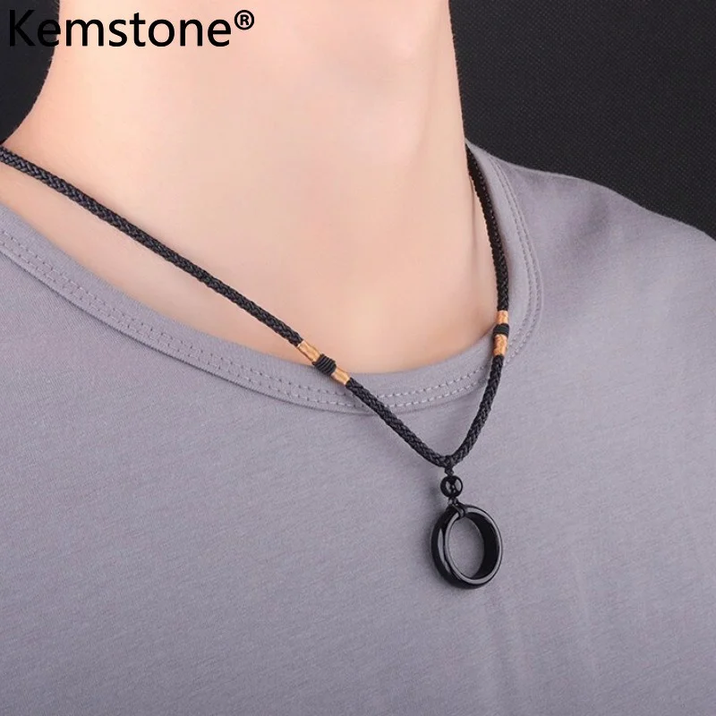 

K&M Fashion Black Agate Rope Circle Pendant Necklace for Men Women Couple Necklace