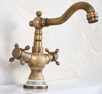 swivel spout antique brass bathroom faucet deck mounted dual handle cold and hot water taps basin sink faucets lnf604