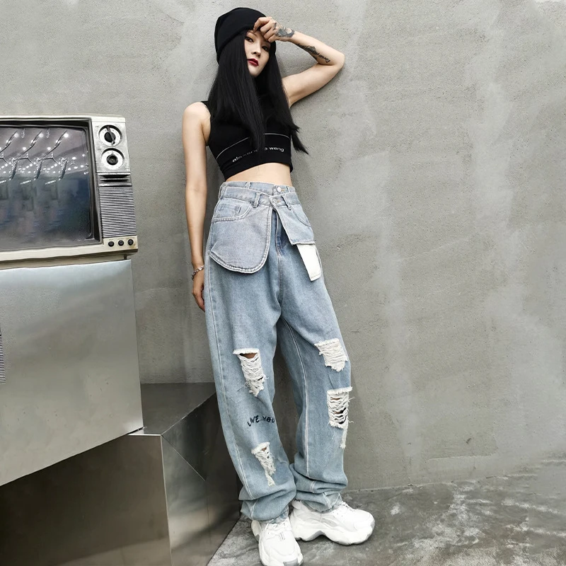 

TWOTWINSTYLE Casual Blue Hole Denim Trousers For Women High Waist Korean Loose Patchwork Wide Leg Pants Female Streetwear Summer