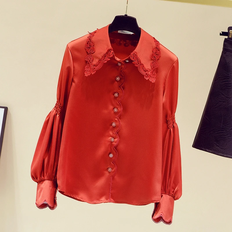 

Женская кружевная рубашка с отложным воротником, длинным рукавом