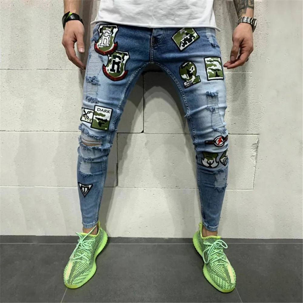 

American Spring Autumn New Patch Beggar Jeans Men Elastic Slim Leisure Youth Trousers Ripped Holes Jeans Pants