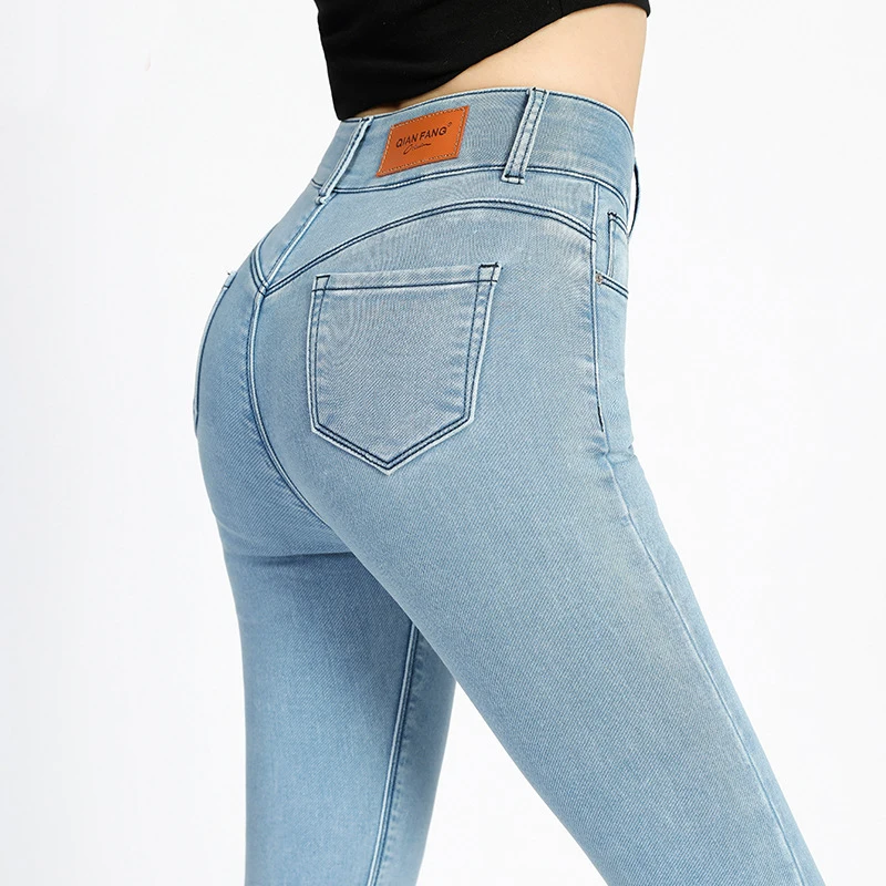 

Женские джинсы с высокой талией, облегающие джинсовые брюки-карандаш в стиле ретро голубого цвета, 2021