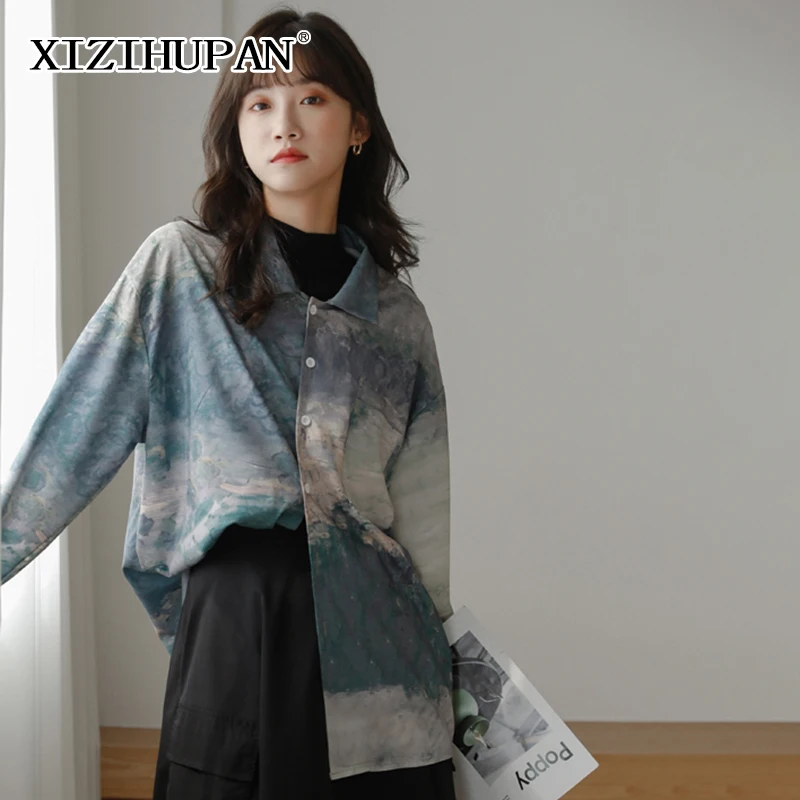 

XIZIHUPAN Vintage Tie Dye Women's Blouses Lapel Long Sleeve Dual Pocket Straight Blouse Females Spring Fashion Clothing 2021