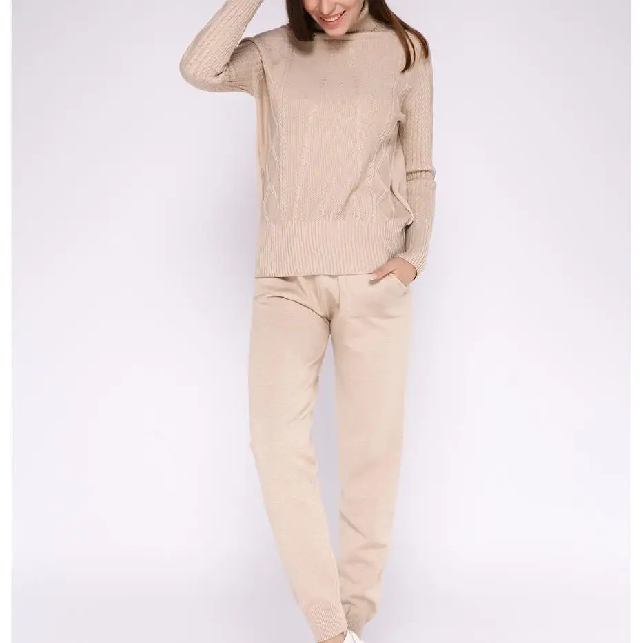 Winter Woolen Cashmere Knitted Warm Suit Turtleneck Sweater Pants Two-Piece Set Criss-Cross Loose Tracksuit Knit | Женская одежда