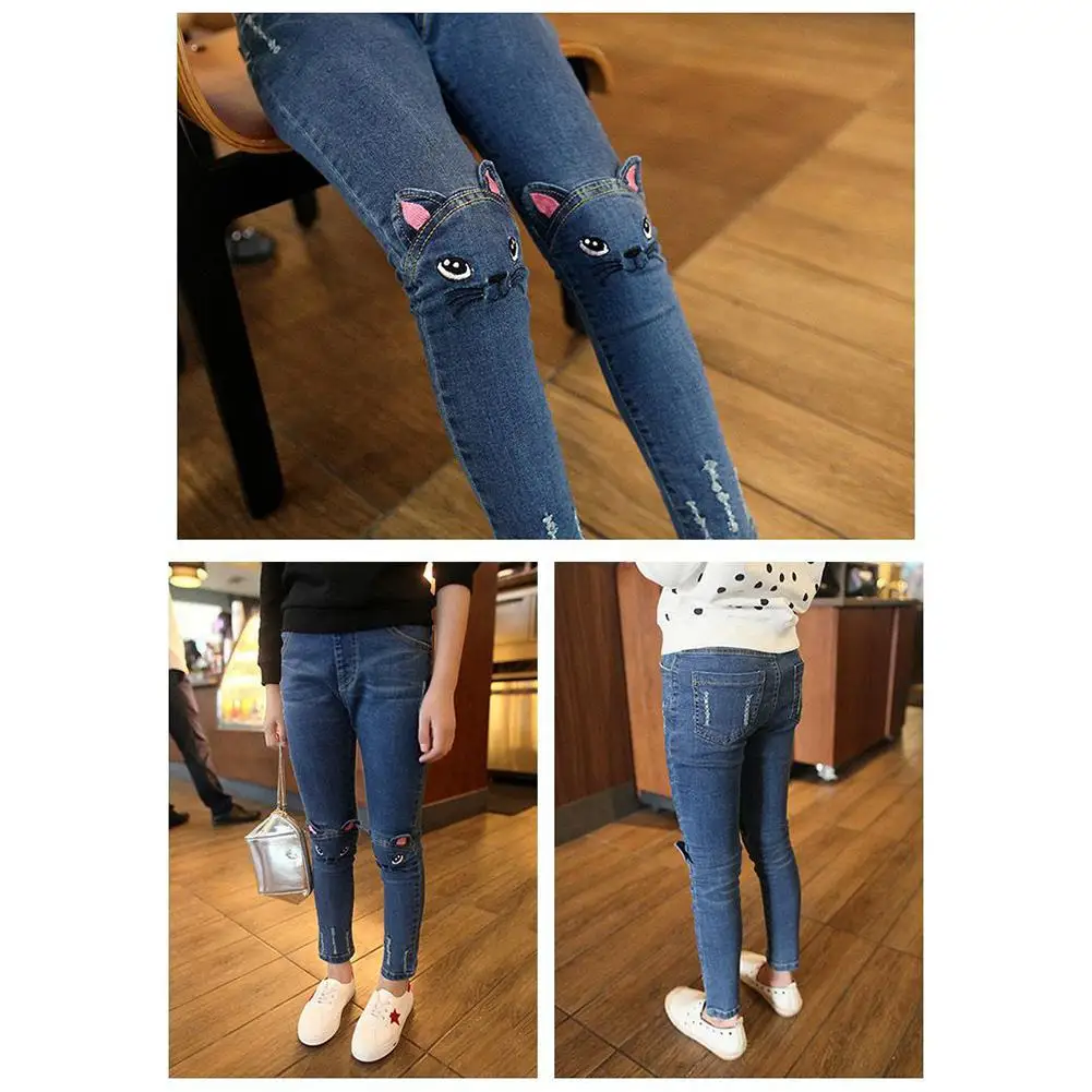 Kidlove/Модные осенние джинсы для девочек длинные штаны с вышивкой котенка и милым