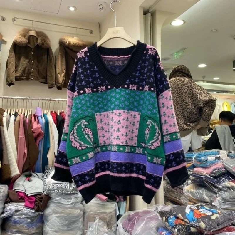 

2021 Fashion New Retro Contrast Color Jacquard V-Neck Pullover Sweater Women Loose Long Sleeve Color-blocking Knitted Top