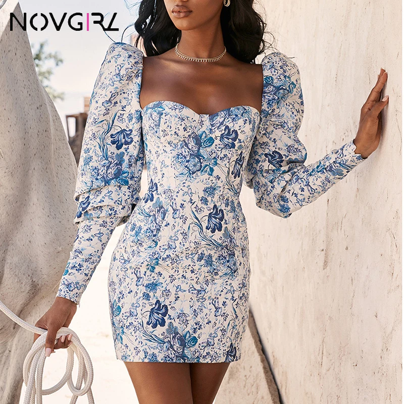 Novgirl элегантное облегающее платье-карандаш с пышными рукавами для женщин осеннее сексуальное праздничное платье без бретелек Клубная одежда винтажное синее платье