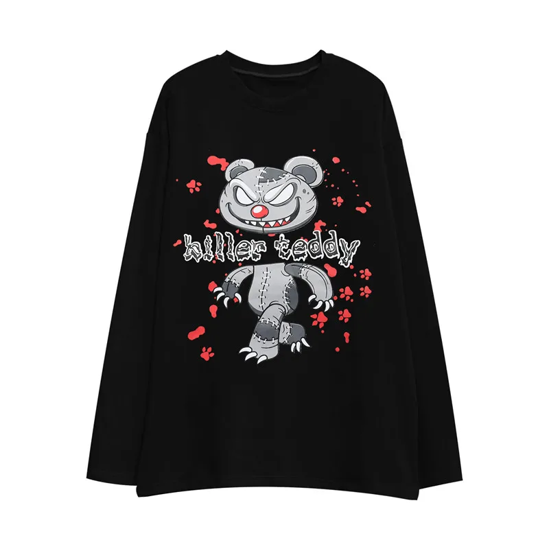 

Harajuku Gothic Bear Print Loose T-Shirt Long Sleeve Round Neck Korean Ins Streetwear Cotton T-Shirt For Men And Women