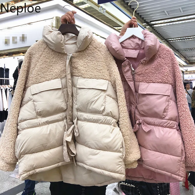 Neploe Femme Harajuku парка со стоячим воротником Зимняя Толстая теплая куртка для женщин из овечьей шерсти на молнии с кулиской хлопковое пальто 55109