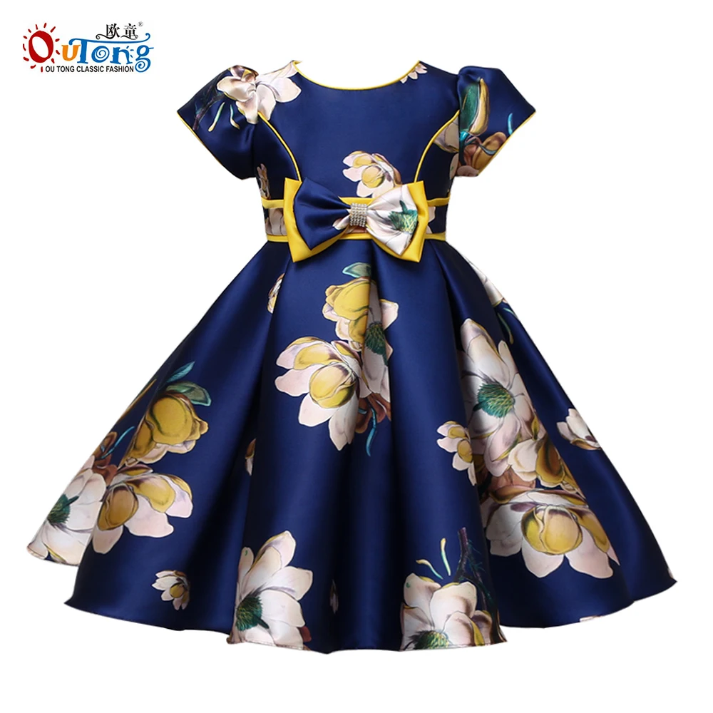 Outong Flower Girls Dress Kids Clothes Girls Waist Bow Decoration Flower Print Casual Clothing Summer Dresses For 5 9 Years Old
