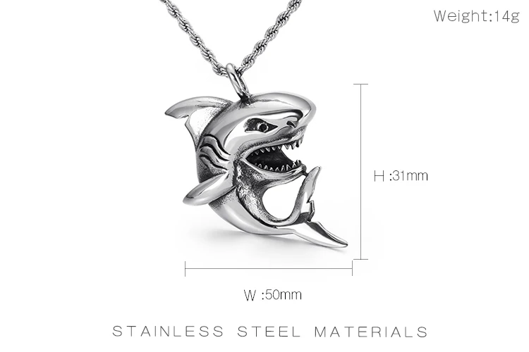 Vintage Hiphop Stainless Steel Shark Pendant Necklace For Men Women Fish With Twisted Rope Chain Male Jewelry | Украшения и