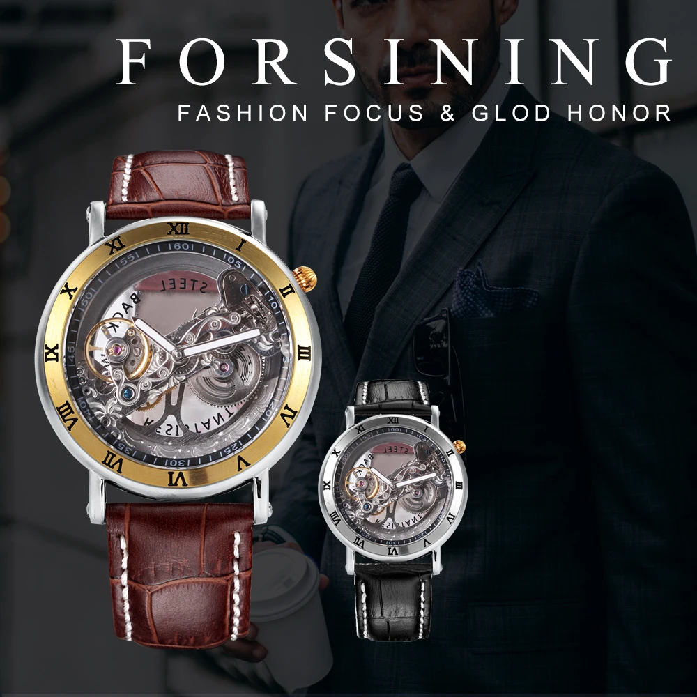 FORSINING Королевский мужской золотой мост Авто механические часы Японский резной