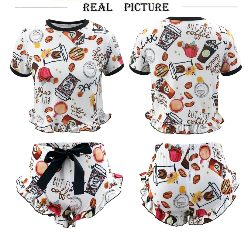 

Women Summer Home 2 Piece Set Casual O-Neck Short Sleeve Print Tops Drawstring Ruffle Decor Mid Waist Shorts Ladies Casual Suits
