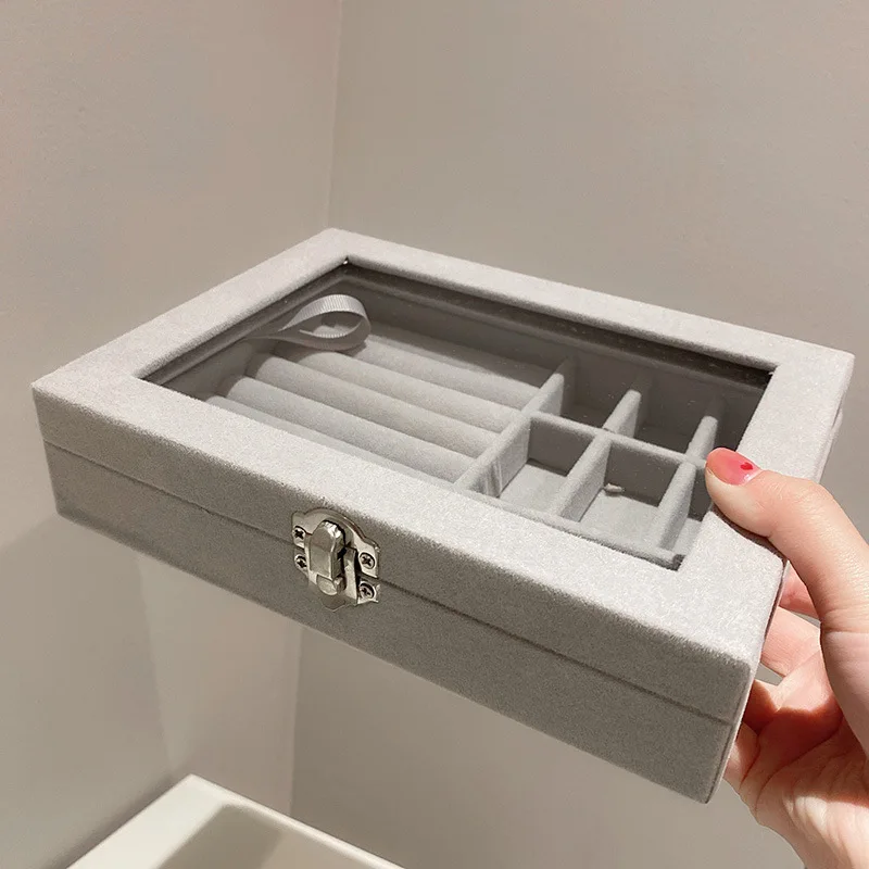 Fashion Velvet Jewelry Storage Box Transparent Glass Ring Earring Bracelet Necklace Display Large Space Jewelry Holder For Women