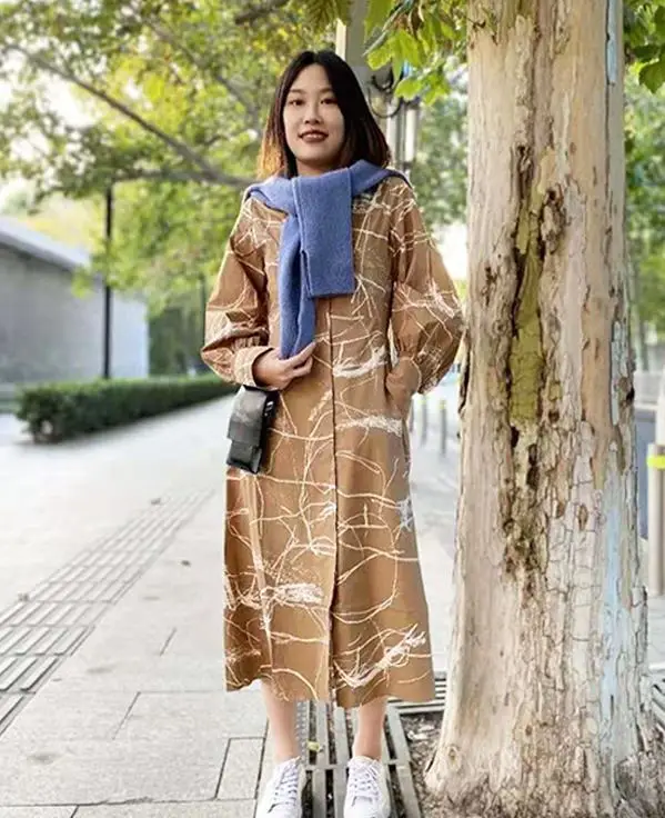 

Women Dress 2021 Fall Abstract Stripe Long Sleeve Small Stand Collar Cotton Shirt Style Fashion Simple Dress