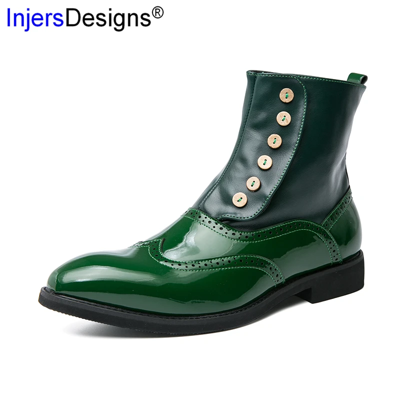 

New Arrival Men Boots Black&Green High Top Leather Shoes Fashion Pointed Toe Business Boots Ankle Botas Hombre Big Size 38-46
