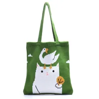 Teenager Knitted Soft Cartoon Cat Top-handle Tote Bag Female Student Japanese Korean High Street Crochet Soft Shopper Handbag