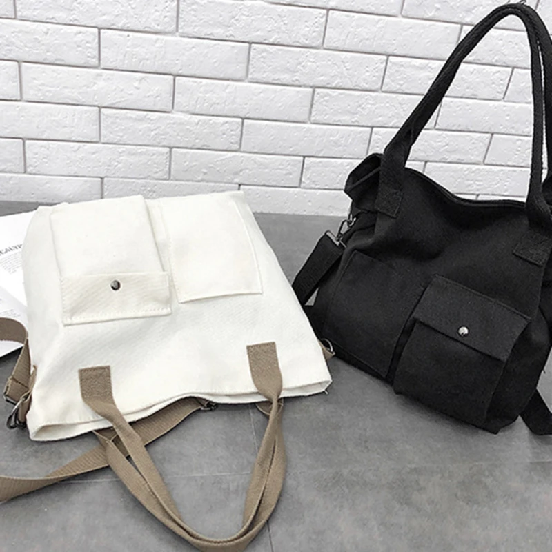 

Trendy Wild Ladies Casual Large Capacity Shopping Bags Solid Color Canvas Retro Ladies Portable Eco Tote Bags