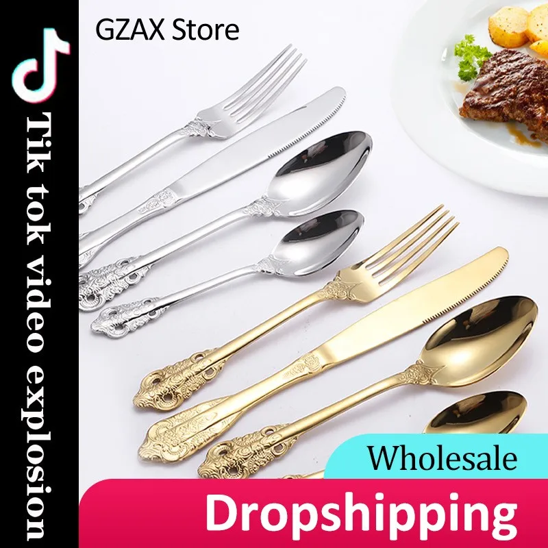 

Vintage Western Gold Plated Cutlery 4 Pcs Dining Knives Forks Teaspoons Sets Golden Luxury Dinnerware Engraving Tableware Sets