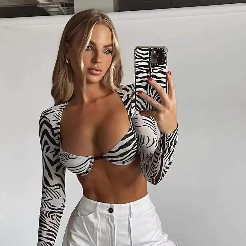 

Sexy Mesh Zebra Print Long Sleeve T Shirts Women Summer Fashion Chic Slim Backless Crop Tops Black Stretchy T-shirts Casual