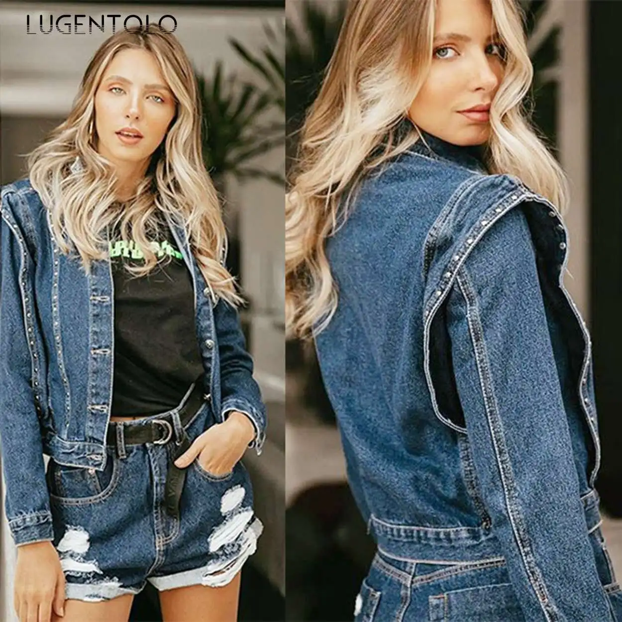 

Куртка Lugentolo женская джинсовая однобортная, Короткая Повседневная приталенная, прямая, однотонная, модная уличная одежда с заклепками, осен...