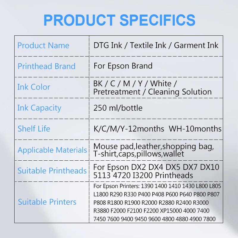 250ML DTG Ink Textile InK Garment DX4 DX5 DX6 DX7 DX10 TX800 XP600 Printhead For Epson L1800 1390 R1900 R2000 F2000 F2100 | Компьютеры и