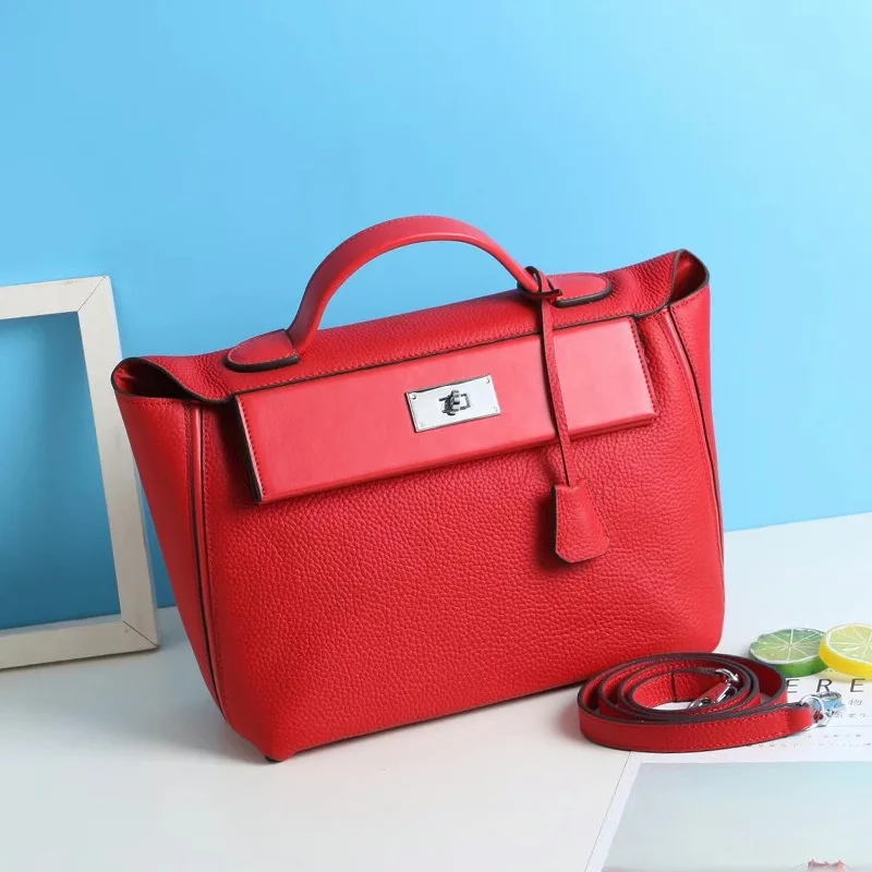 

Luxury leather handbags Kelly bag Natural leather Lychee pattern lock catfish bag Shoulder handbag new