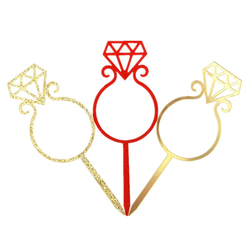 1pc Diamond Ring Bowtie Love Heart Cake Flag Topper Gold Red Acrylic Flags For Wedding Anniversary Party Baking Decor - купить по