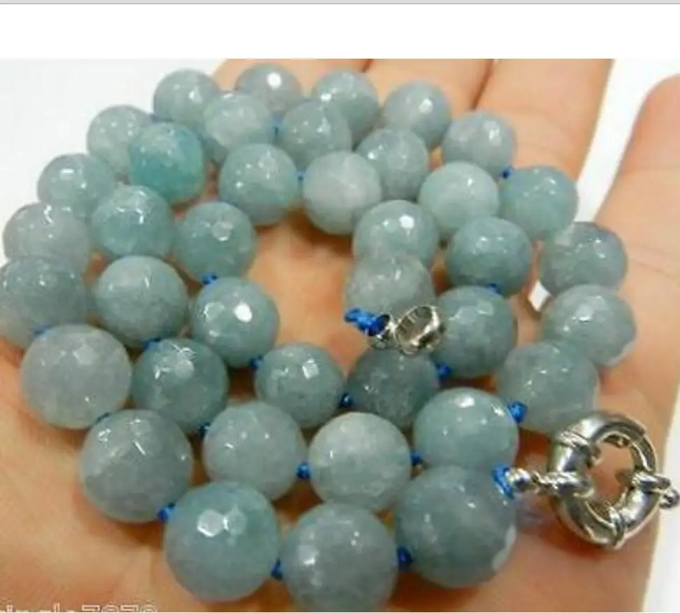 

Natural 10mm Faceted Round Aquamarine Gemstone Beads Necklac