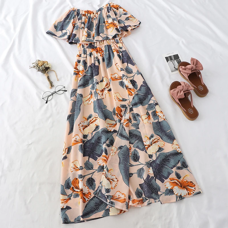 Женское облегающее платье Heliar корейское тонкое длинное с воланом и принтом