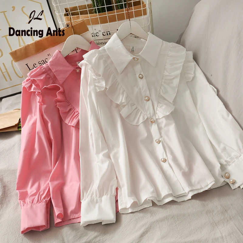 Женские рубашки с длинным рукавом воротник поло однобортные оборки свободного