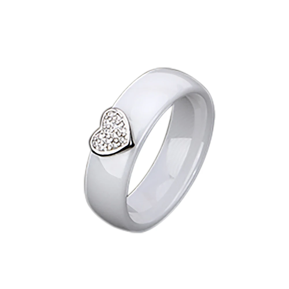 Женское керамическое кольцо в форме сердца гладкое шириной 6 мм с блестящим