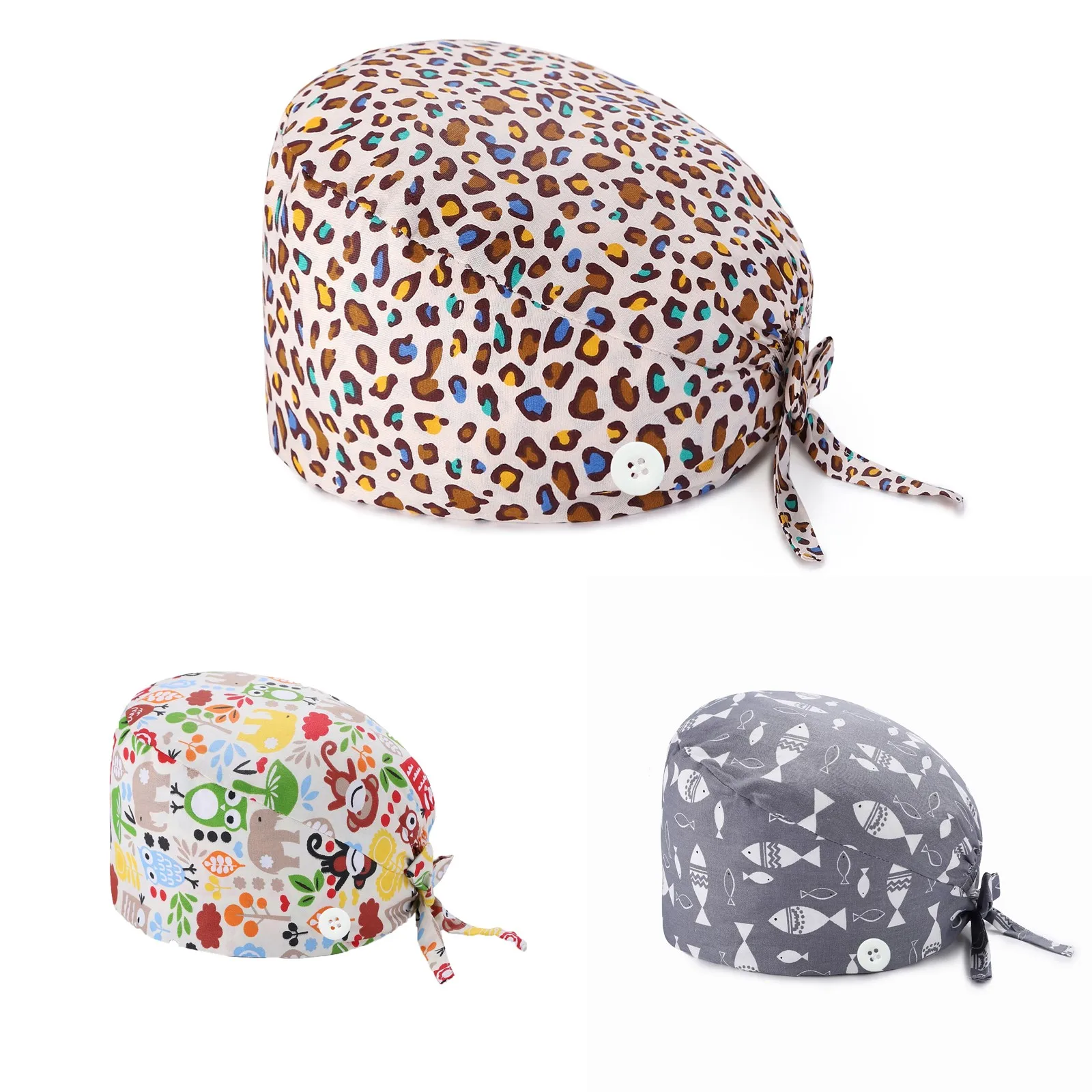 

Fashion Button Bouffant Hedging Hat Beautician Adjustable Sweatband Dust Proof Work Cap Cotton Irregular Print Beanies Gourd Hat