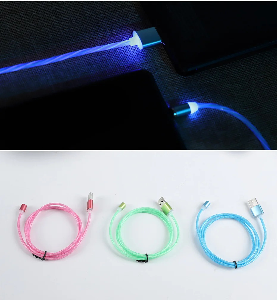 Vogek светодиодный светящийся зарядный кабель Micro USB кабель для Xiaomi iPhone type-c зарядный Магнитный адаптер для зарядного устройства кабель для мобильного телефона 1 м