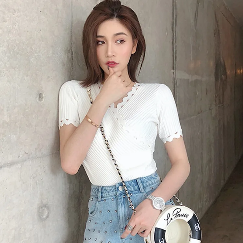 

2020 New Women's Korean Style Fashion V Neck Solid Short Sleeve Knitted Sexy Slim Pullover T-Shirt Summer