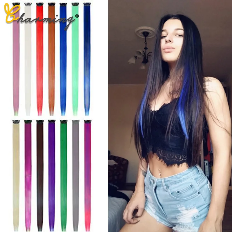 Женские прямые синтетические волосы на клипсе 50 см радужные цвета синие розовые