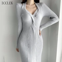 new fashion v neck pit strip design midi knitted sweater dress fall winter 2021 korean one piece sexy ladies sweater slit dress