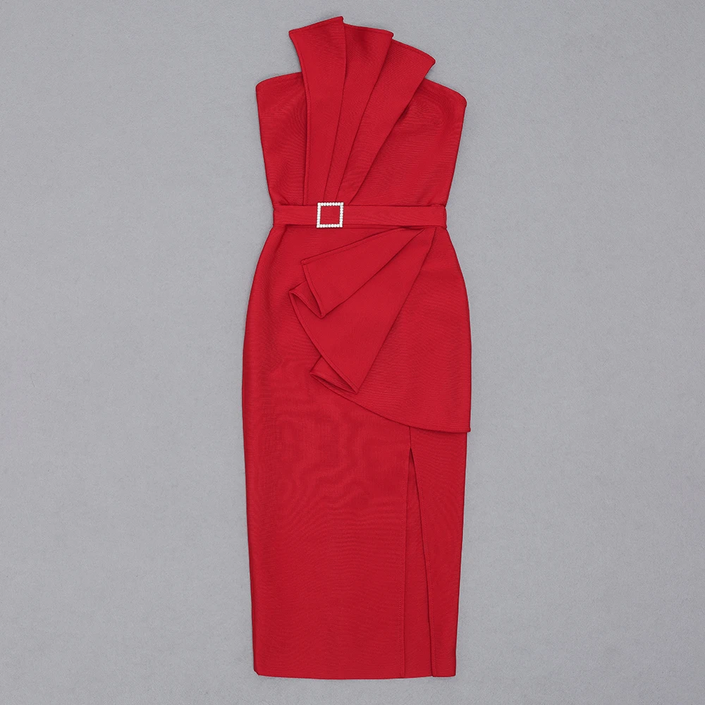 

Women Sexy Strapless Designer Split Red Bandage Dress 2021 High Street Evening Elegant Celebrity Mid-calf Party Dress Vestido
