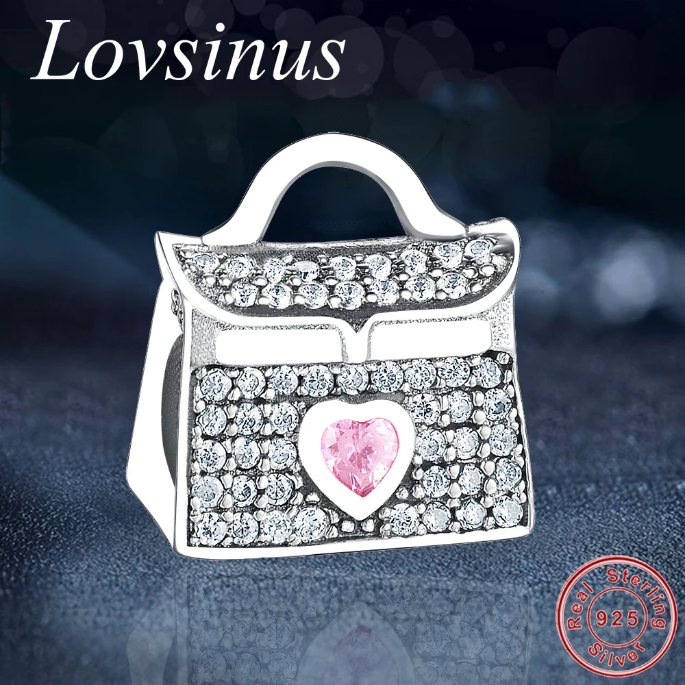 

Fit Original Europe Charm Bracelet 925 Sterling Silver Made With Heart Pink CZ Fashion Bag Beads Making DIY Berloque Women Gift